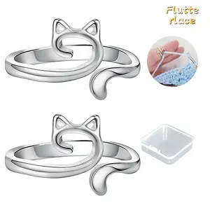 2PCS Crochet Ring Yarn Guide for Knitting & Crocheting, Adjustable Cat Design Finger Loop, Anti-Slip Tension Ring Tool, TikTok Trending Knitting Accessory, Gift for Crocheters & DIY Lovers