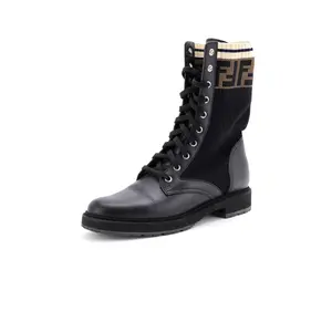 Pre-owned Fendi Women's Rockoko Combat Boots Leather with Knit Stretch Fabric and Zucca Trim by Rebag