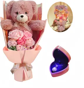 Preserved Rose Bouquet  with Teddy Bear - Pink Rose Artificial  with  Necklace for Her - Love  Mother's Day,Valentine's Day,Birthday (Pink)