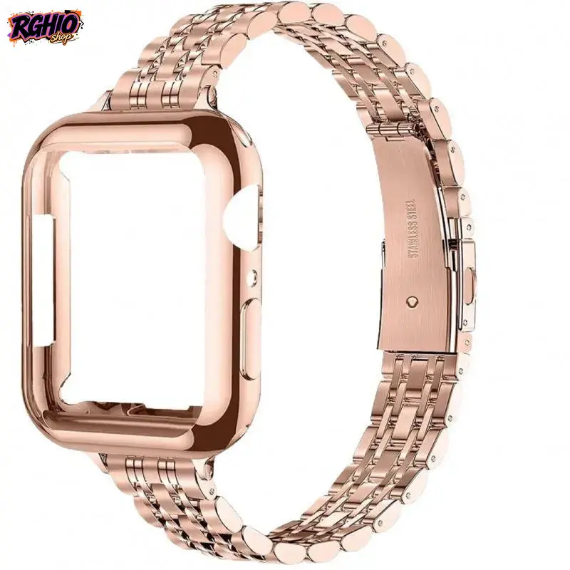 Solid Stainless Steel 7-Bead Smartwatch Band & Protective Case Set, Butterfly Deployment Clasp Adjustable Metal Strap Fits 41/45/49mm, Business Accessory For Office & Daily Formal Wear (Watch Not Included)