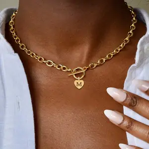 26 Letters A-Z initial pendant Necklace OT Buckle Stainless Steel Heart  Buckle Necklace Fashionable Elegant Versatile for Women Casual Trendy Jewelry