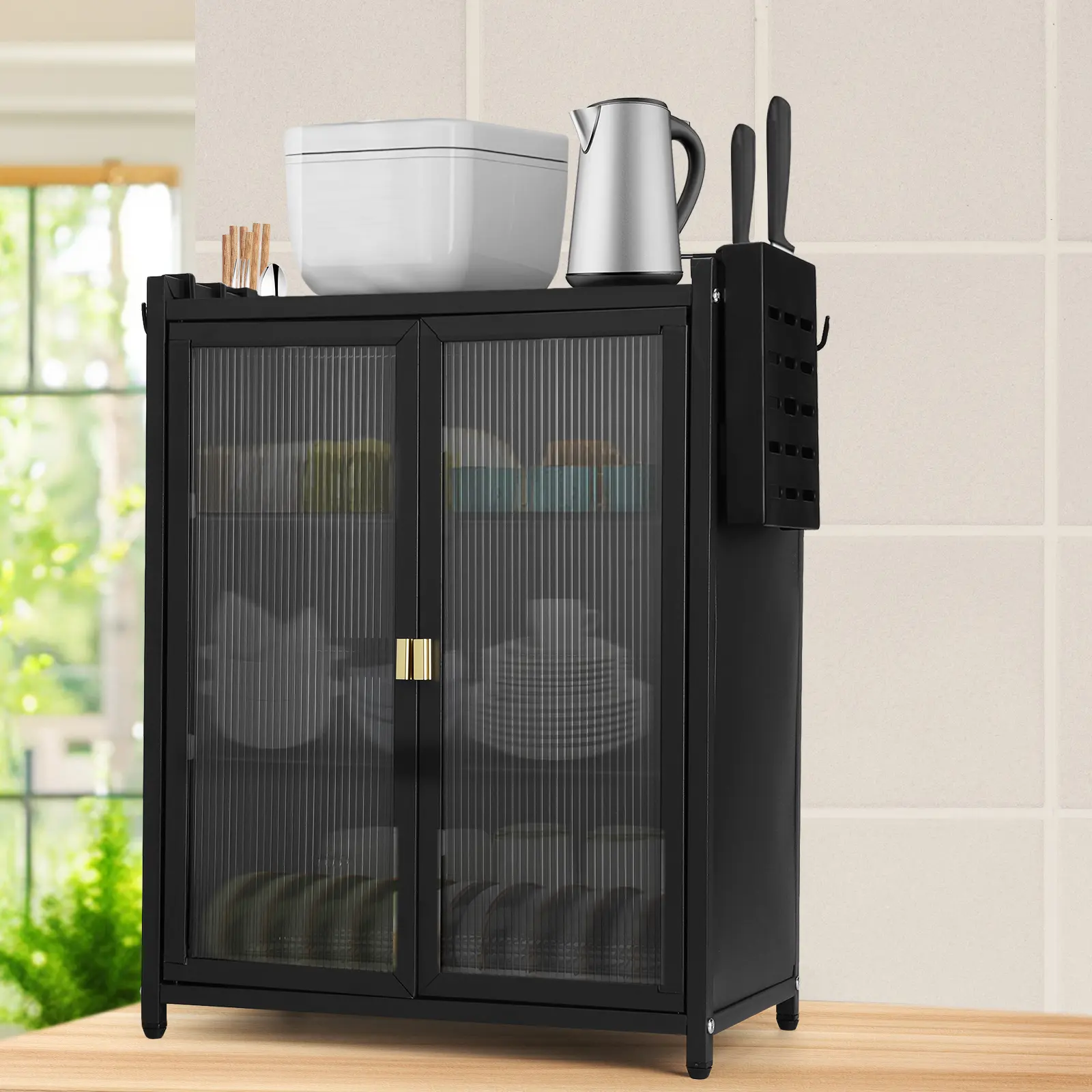 3-Tier Kitchen Countertop Cabinet Dustproof Kitchen Storage Cabinet with Double Door Kitchen Organizer with Chopstick Baskets