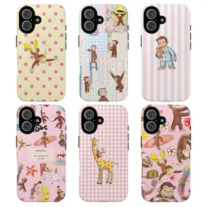 Cute Cartoon Monkey Tough Phone Case, Curious Georgeee, Fun Pink Animal Design Protective Phone Cover for Girls & Kids, Protective Cover, Pink Tone Case iPhone 17 Air 16 Promax 15 Plus 14 13 12 11.