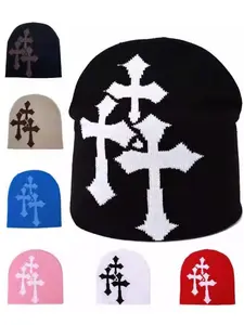 Unisex Y2K Jacquard Beanie Hat, Cross Design, Vintage Street Style, Outdoor Sports, Travel Party Daily Wear, Fall Winter Use, Beanie Fitted, Fitted Hats