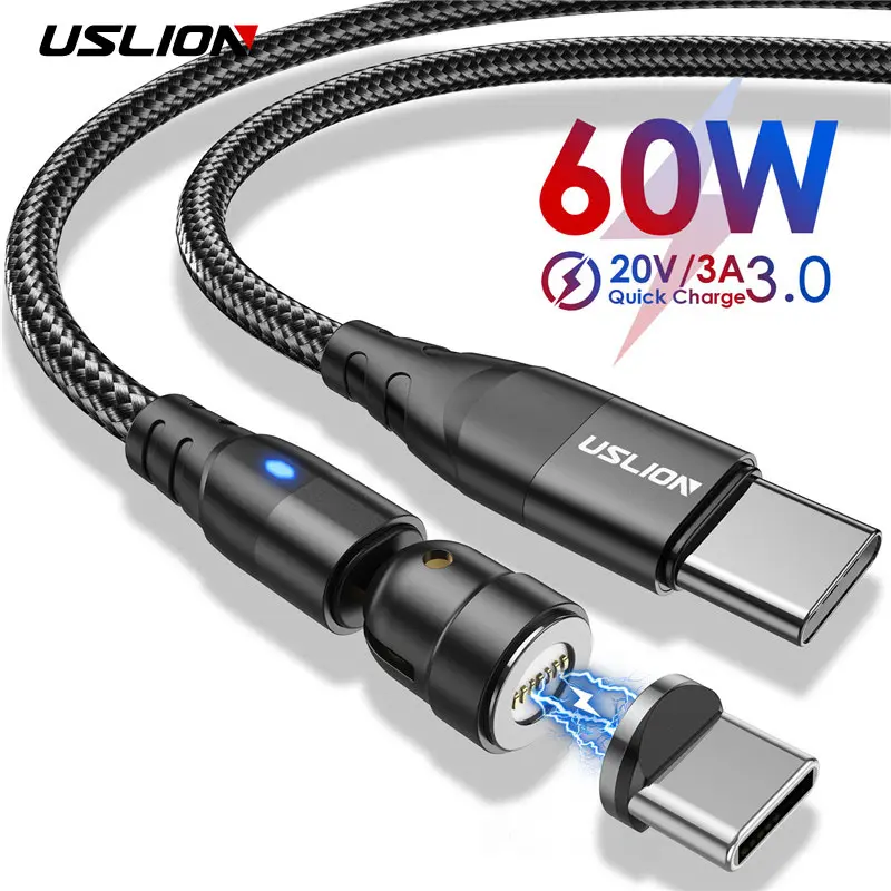 USLION PD 60W  Magnetic Cable Fast Charging Magnet Charger Micro USB Type C LED Cable For iPhone 12 Xiaomi Data Wire Cord Cable