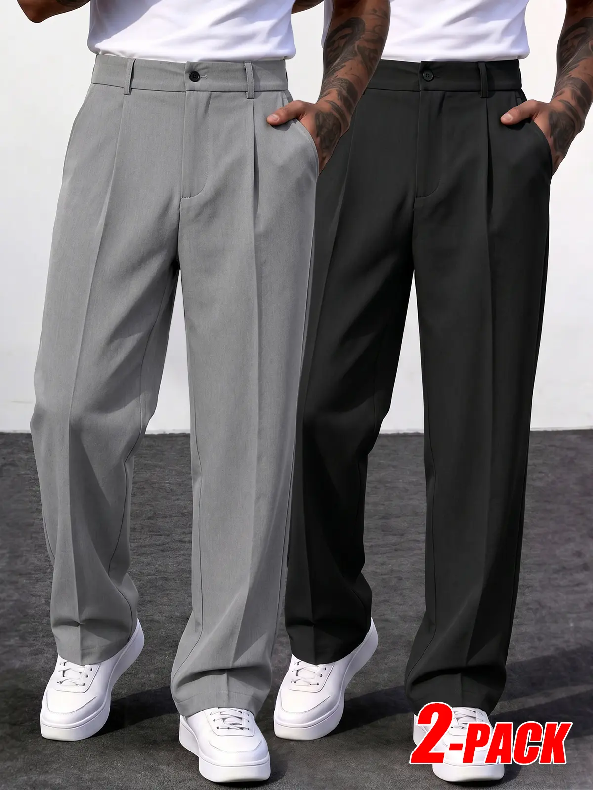 2-PACK Men's Double Pleated Straight Suit Pants, Non-Iron Wrinkle Resist High Drape Trousers, Button Zipper Closure, Old Money Style Clean Fit Business Casual Long Pants For Office Commute Value Pack