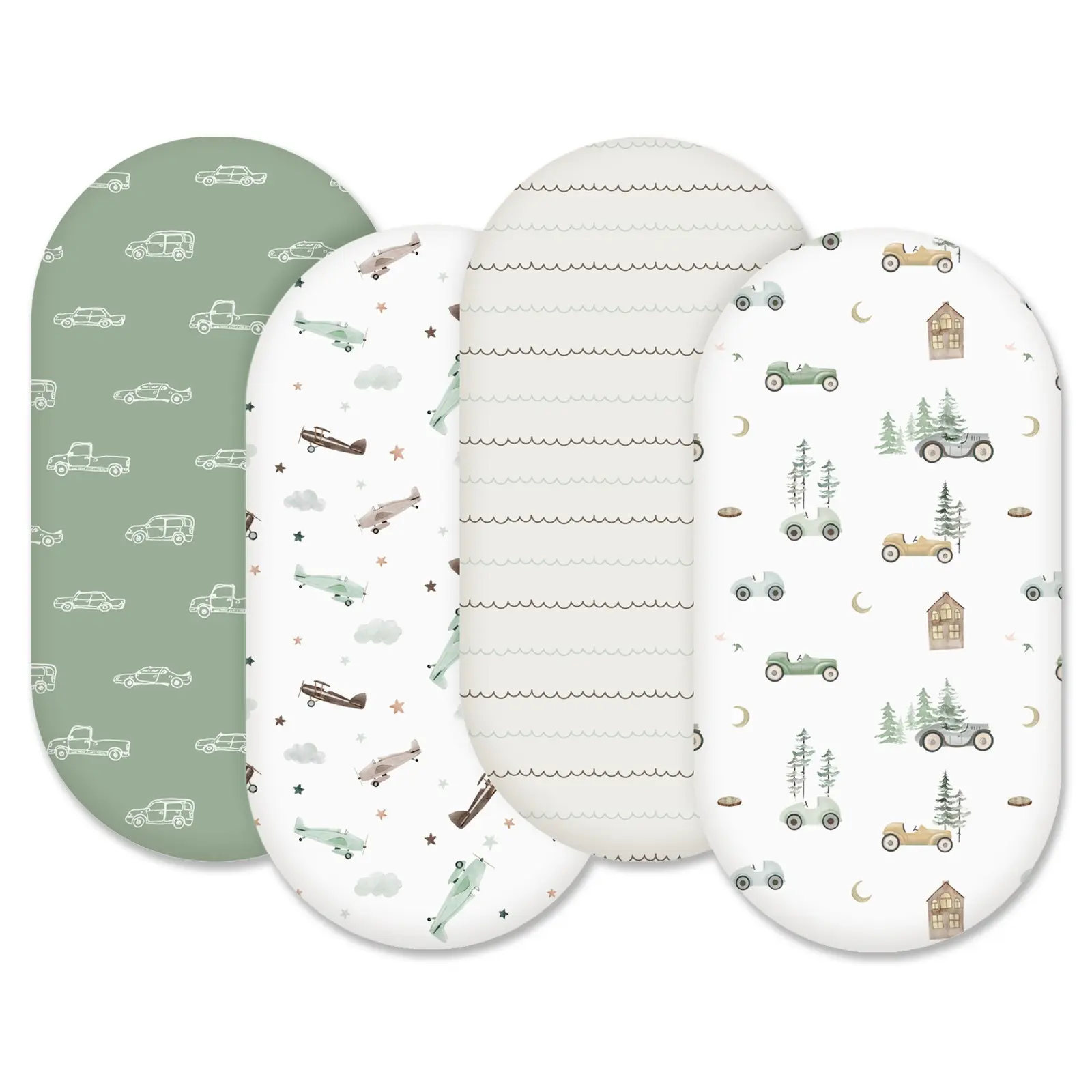 4 Pack Baby Bassinet Sheets, Breathable Cozy Fitted Mattress Sheet, Elastic Travel Crib Fashionable Pattern, Standard Cradle Safe Sheets for Baby Boys Girls 32"x16", Bedside Bassinet Sheets, OEKO-TEX 100 Certification