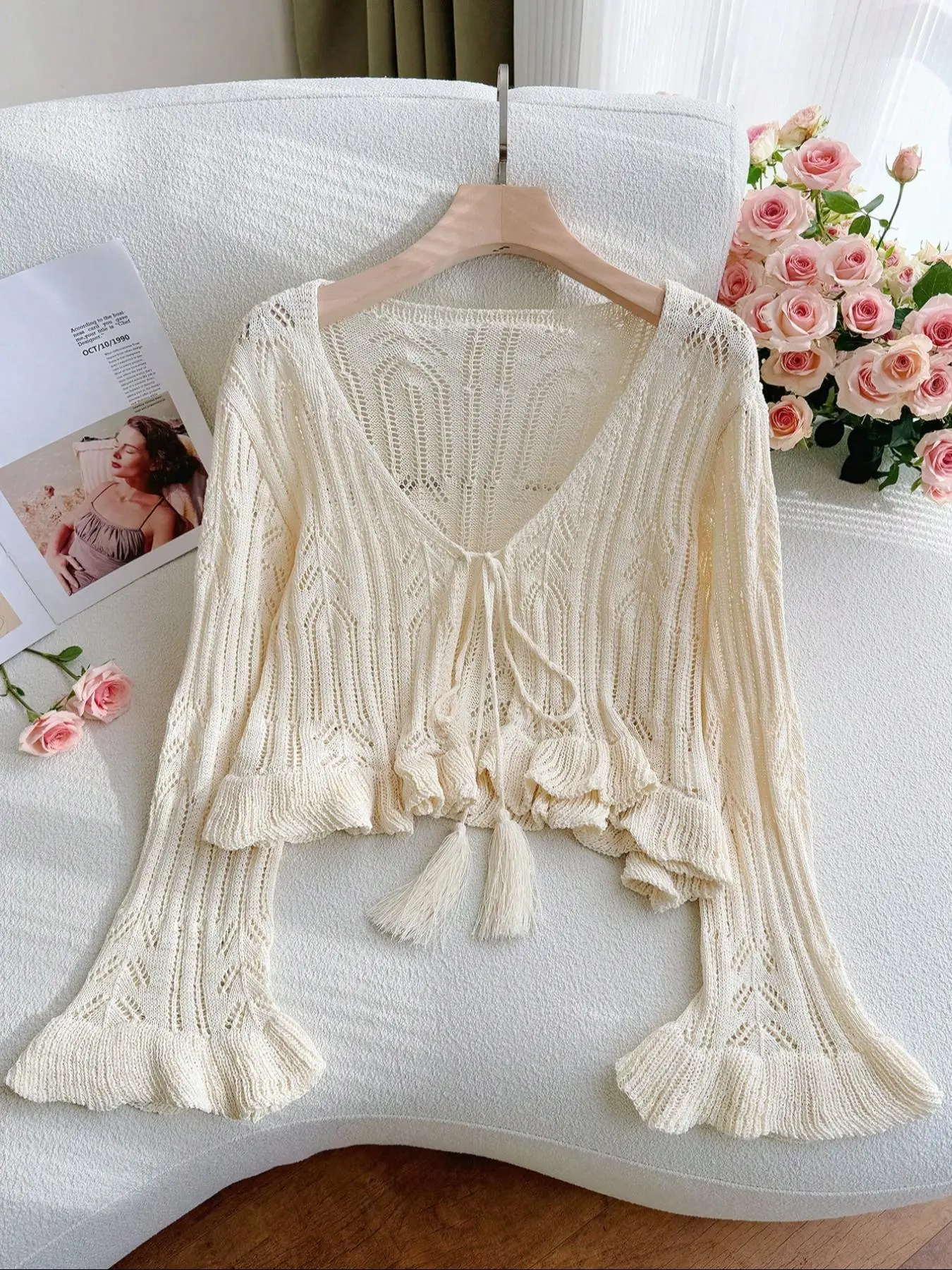 [Plus Size] Solid Color Ruffle Trim Tie Front Flounce Sleeve Knitwear Knitting Sweater Cardigan, Casual V Neck Long Sleeve Cardigan for Spring & Fall, Autumn Knit, Women's Plus Clothing for Daily Wear Womenswear Lady, Knit Tops