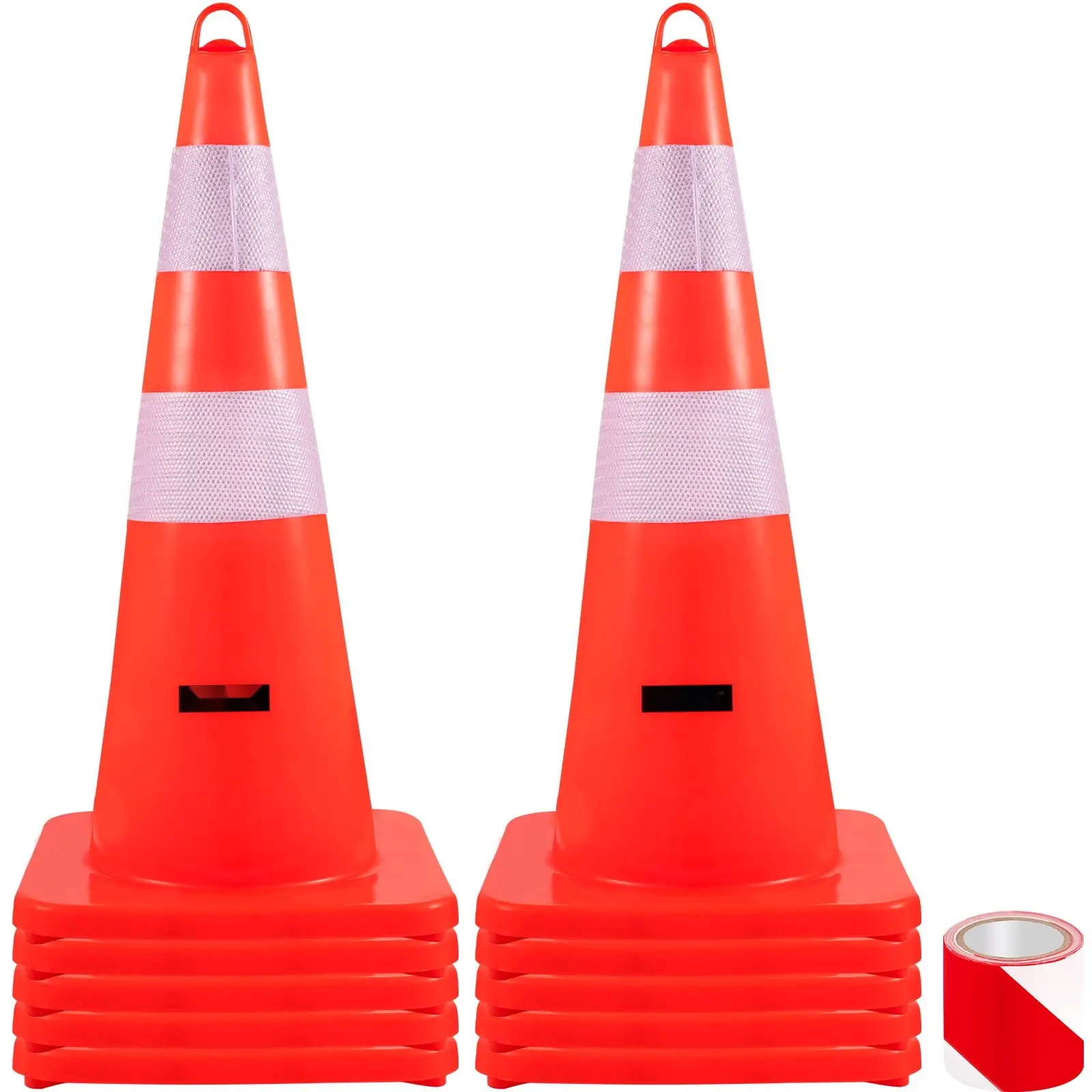 Safety Cones Set: 10 Pieces, 28-Inch PVC Orange Traffic Cones with Reflective Collars, Weighted Base, and Handheld Ring for Traffic Control, Driveway, Parking Lot, and Event Safety Accessories
