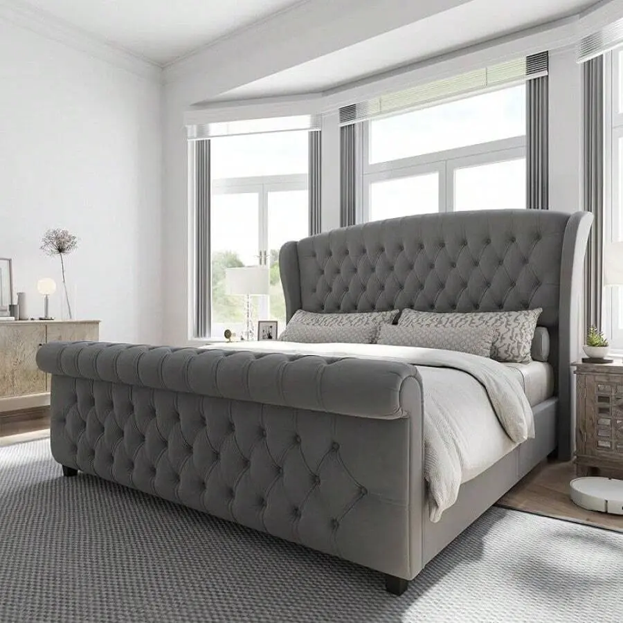 Chenille Upholstered King Size Bed Frame Set, Scroll Wingback Headboard & Footboard, Button Tufted Design, Wood Slats, No Box Spring Required, Easy Setup, Sleigh Platform Bed, Chenille Upholstered Bed