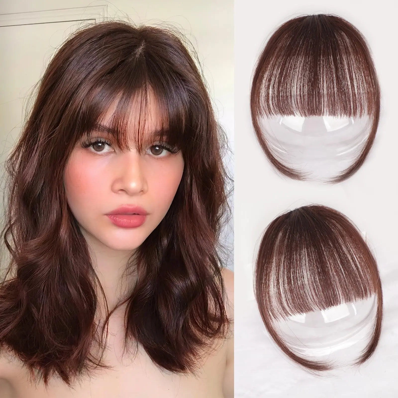 Clip in Bangs-Fake Bangs Hair Clip Fringe with Temples Hairpieces 100% Real Human Hair Extensions Curved Clip On Bangs for Women(Dark Auburn Brown Air Bangs)