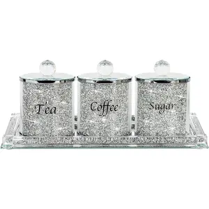 Coffee Sugar Tea Crystal Canister Set of 4,Sparkly Crystal Crushed Diamonds Home Decor,Silver Kitchen Coffee Jar Storage Set with Label & Lid,Storage Container Set for Countertop,Dining Room