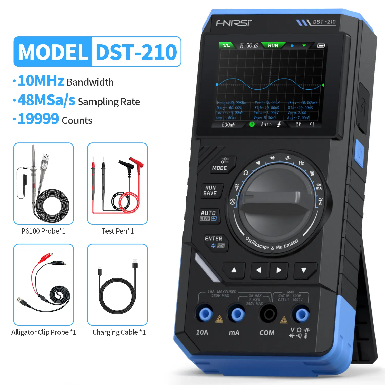 FNIRSI DST 210 and DST 201 Handheld Oscilloscope 10MHz Bandwidth 48MSa S Sampling Rate 400V Max Voltage Waveform Image for Electronic Circuit Diagnosis 19999 Count Measures AC DC Voltage Current Resistance Capacitance Frequency Diode and Temperature tikto