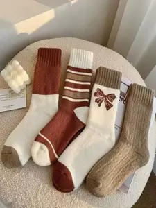 Women's Winter Style Thick Long Socks, Sweet Butterfly Knot Warm Fleece Lining, Casual Plain Design for Fall & Winter, Sock Set