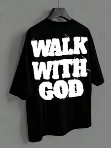 Unisex "WALK WITH GOD" Faith Slogan Washed Tee | American High Street Casual Oversized Top | Viral TikTok Pick 🔥 For Church, Street Style, Daily Wear, Festivals & Y2K Fits | Heavy Cotton + Paint-Style Print + Vintage Wash