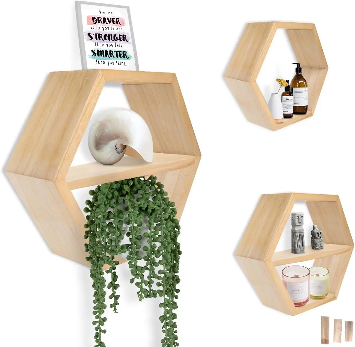 Hexagon Floating Wall Shelf, Solid Wood Wall Mounted Display Shelf for Living Room, Bedroom, Bathroom & Home Decor