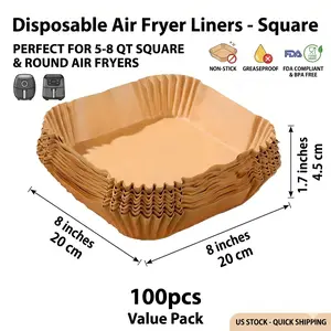 100 pcs nonstick square air fryer paper liners; thick double-sided silicone oil disposable baking paper, suitable for 5–8 quarts (approx. 4.7–7.6 L) air fryers; baking supplies, kitchen supplies, cookware; Mother’s Day food tray (8×8 inches / 20×20 cm); T