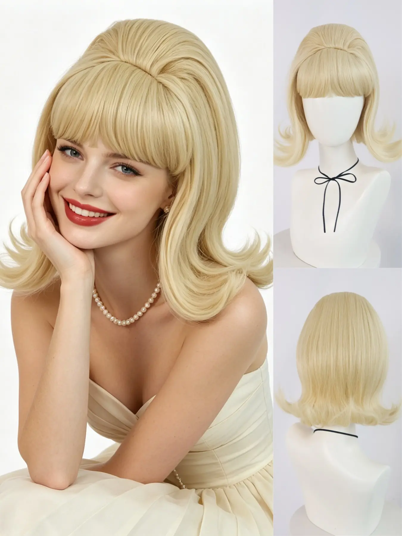 Blonde 60s Beehive Wig for Women, Short Blonde Synthetic Wig with Bangs, Retro Vintage Style for Cosplay, Halloween, Themed Parties, Daily Wear
