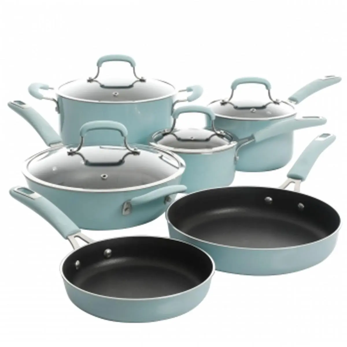 Kenmore Elite 126369.1 Andover 10-Piece Nonstick Aluminum Cookware Set with Pans, Glacier Blue Finish, Silicone Handles, Varied Sizes for Home Cooking