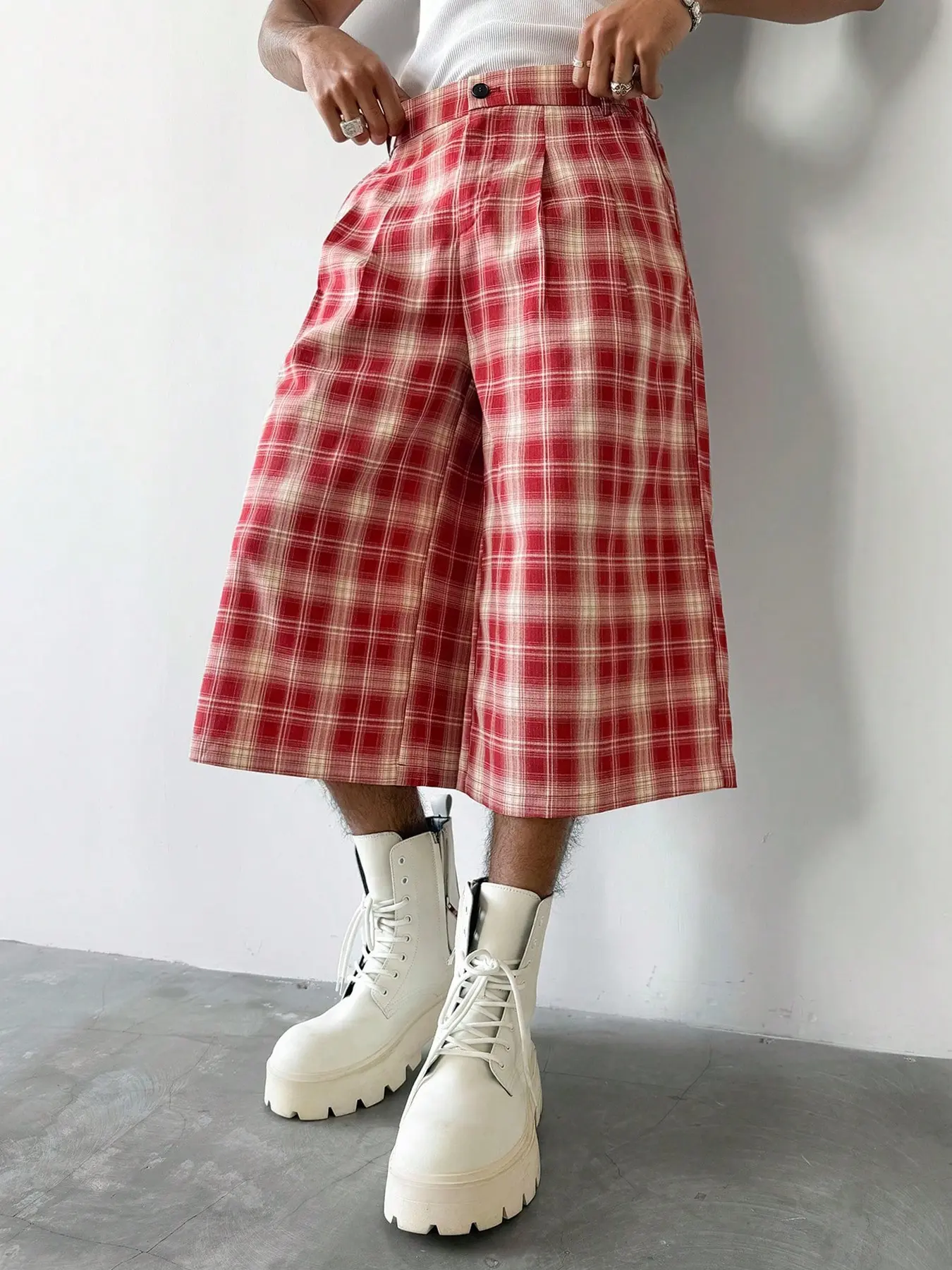 Men's Summer Retro Classic Wide Leg Baggy Oversized Plaid Checked Pants, High Waist Button Fly Casual Loose Fit, Breathable Street Style, Business Beachwear, Casual Streetwear Trousers