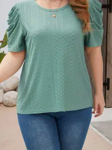 Plus Size Women's Elegant Casual Solid Color Eyelet Ruffle Sleeve T-Shirt, Loose-Fitting Stylish Feminine Summer Top for Everyday Wear