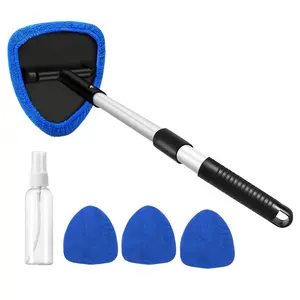 Windshield Cleaner Tool, Car Interior Detailing Cleaning Kit with Extendable Handle and 4 Upgraded High-Density Reusable Microfiber Pads, Auto Glass Wiper Brush Kit for Cars, Blue
