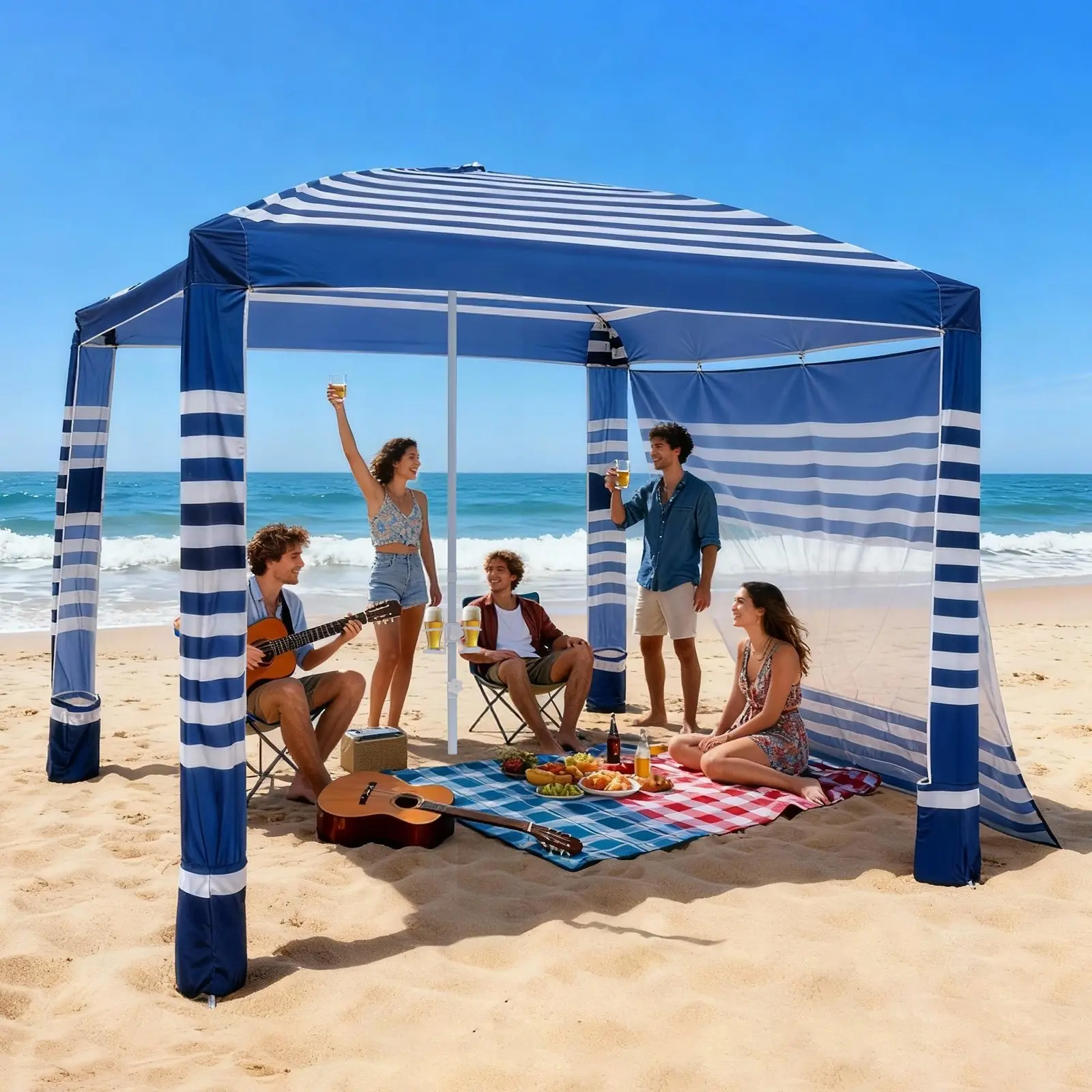 Beach Cabana 8 x 8 Ft Canopy With Side Walls, UPF 50+ Sun Protection, Easy Setup Pop-Up Beach Tent With Sand Pockets, Adjustable Height Portable Shade, Family Friendly Sun Shelter Umbrella, Navy Stripes