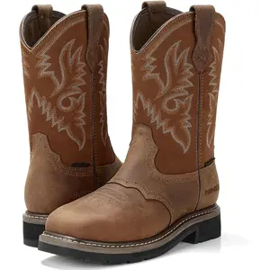 HISEA NINGO Steel Toe Work Boots for Men, Waterproof Square Toe Cowboy Boots Slip on, Comfortable Soft Toe Pull on Western Safety Work Shoes for Construction Industrial Working Welding Riding, Brown