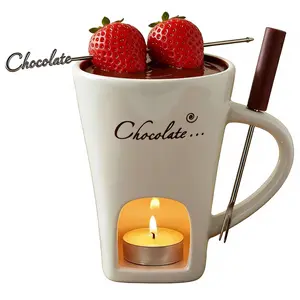 Chocolate Fondue Mug, Multi-Functional Ceramic Chocolate Fondue Mug with Forks, Sweet Fondue Cup for Dipping Fruits Marshmallows Cheese Caramel, Mini Fondue Cups with Tealight Drinkware Stylish