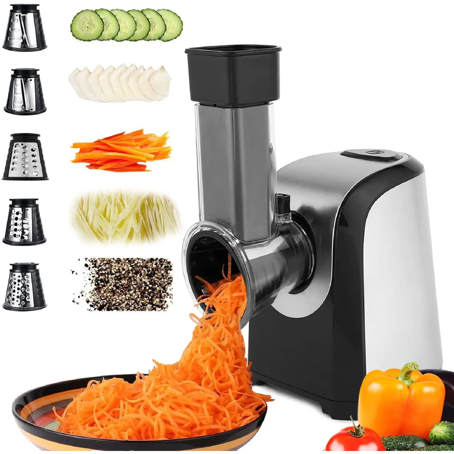 Electric Salad Maker, Professional Slicer Shredder Greater Electric Cheese Grater Salad Maker Machine Carrot Slicer with 4 Stainless Steel Rotary , One-Touch Control, 150W