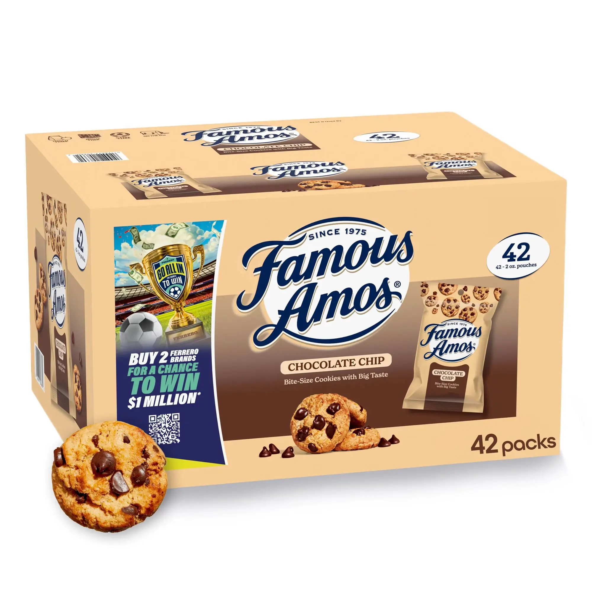 Famous Amos Chocolate Chip Cookies - 2 oz Individual Packs, 42-Count Bulk Snack Pack for On-the-Go Treats