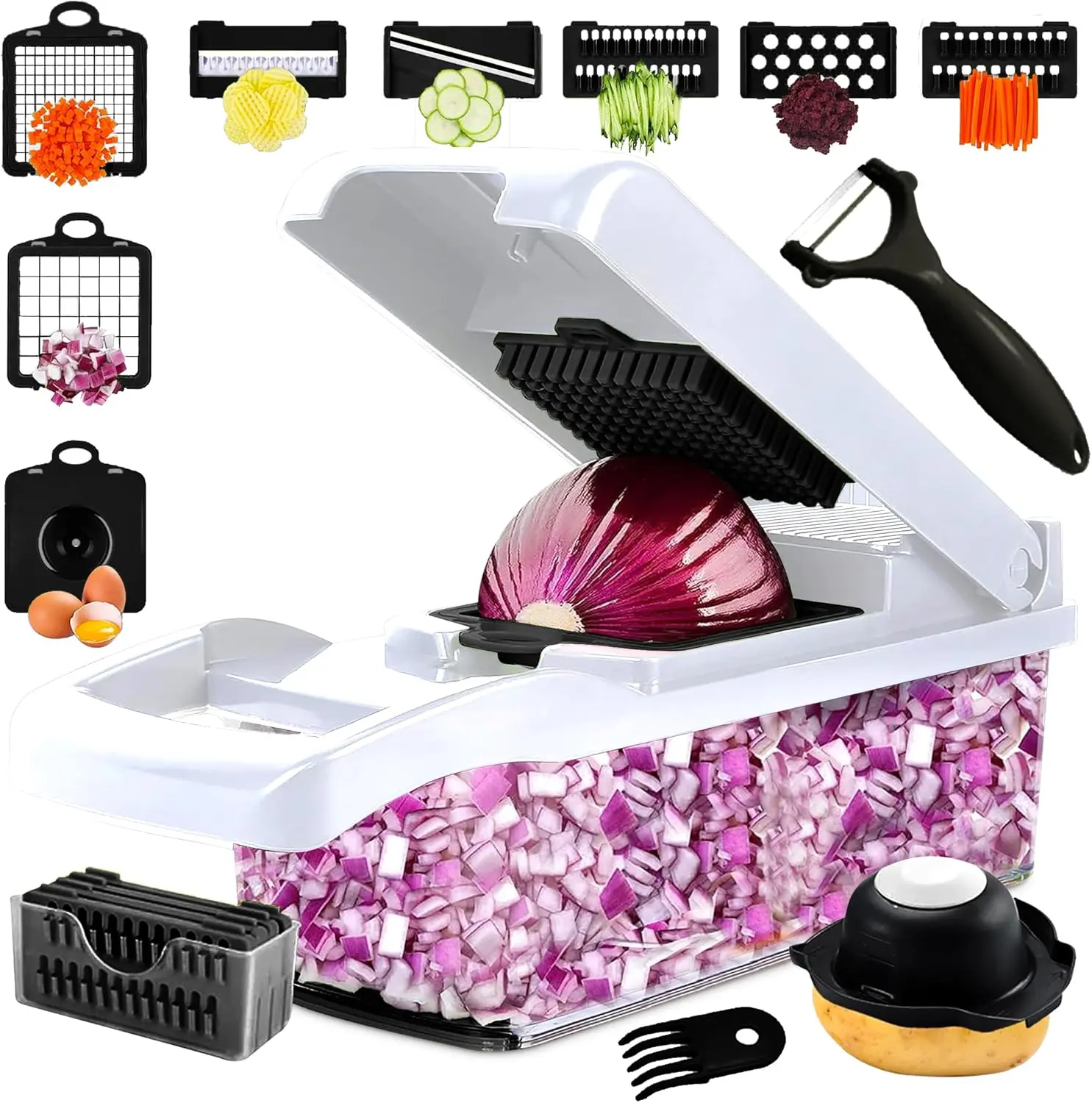 16-in-1 Vegetable Chopper and Slicer with 8 Blades – Veggie Cutter, Dicer, Food Chopper with Container & Lid – Multi-Purpose Kitchen Tool for Easy Meal Prep (Black)