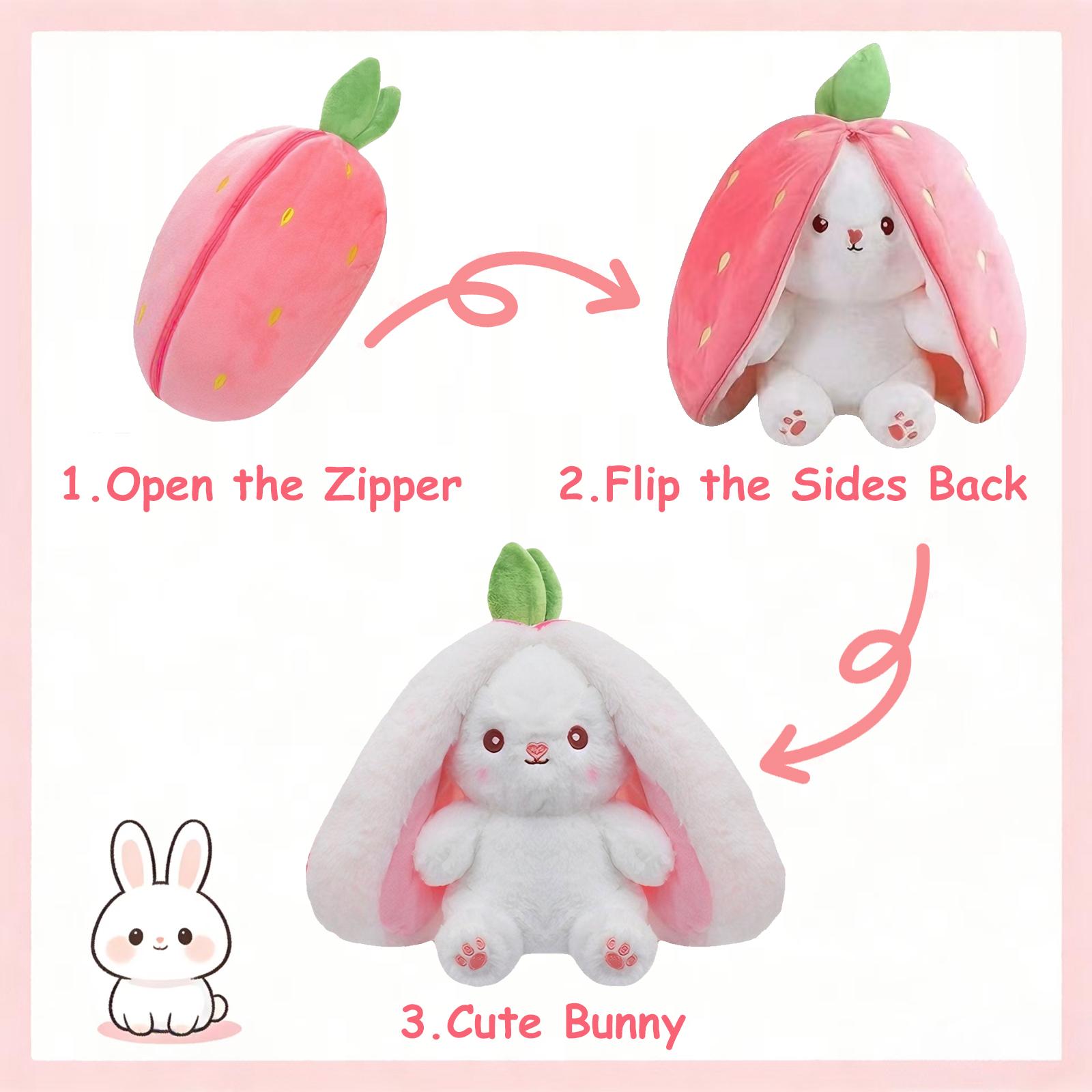 10 inch Bunny Stuffed Animal Reversible Cuddle Bunny Stuffed,Strawberry Bunny Transformed Rabbit Plush Zipper,Turns Into Ears Bunnies Plushies Toy Cute Stuffy Doll Easter Girlfriend Gift