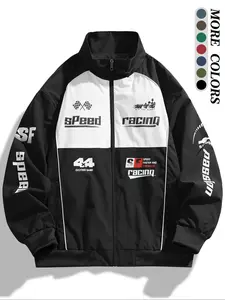 Men's Colorblock Letter Print Zip Up Jacket, Regular Fit Casual Pocket Funnel Neck Windproof Outerwear for Daily Wear, Men's Clothes for All Seasons, Coats