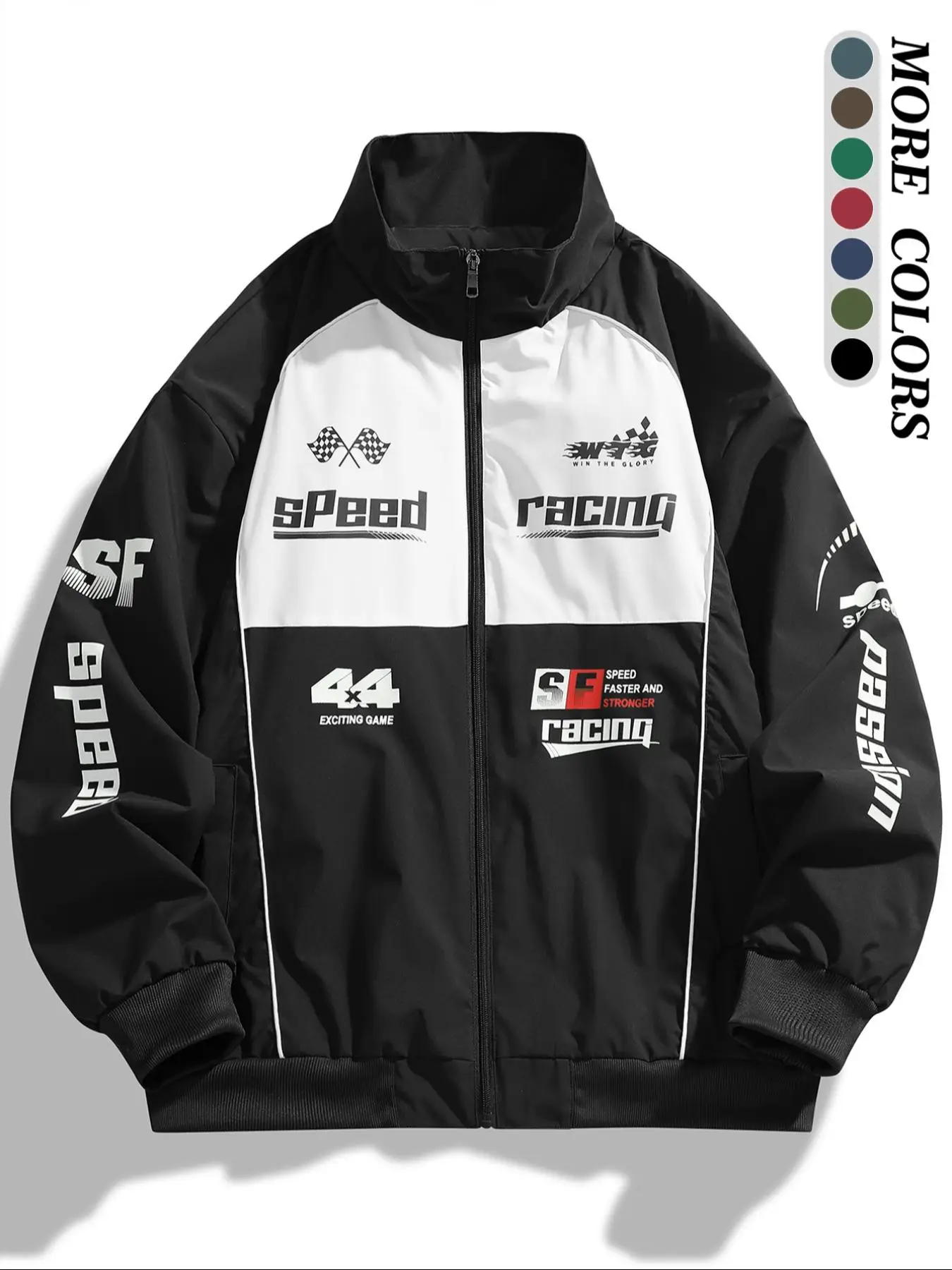 Men's Colorblock Letter Print Zip Up Jacket, Regular Fit Casual Pocket Funnel Neck Windproof Outerwear for Daily Wear, Men's Clothes for All Seasons