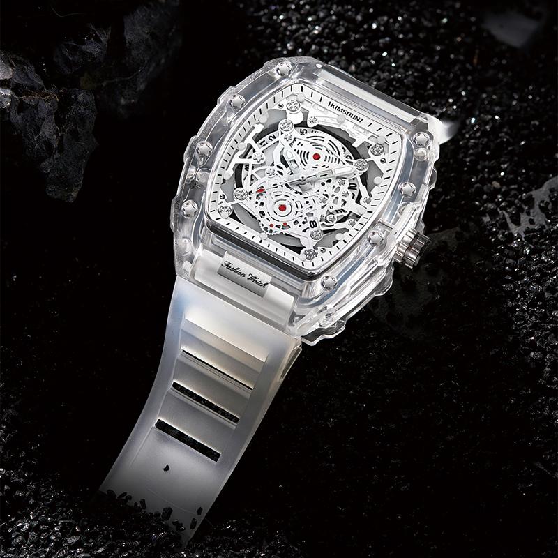 Fashion Clear Case Skeleton Watch for Men, White Strap, Casual Sport Timepiece