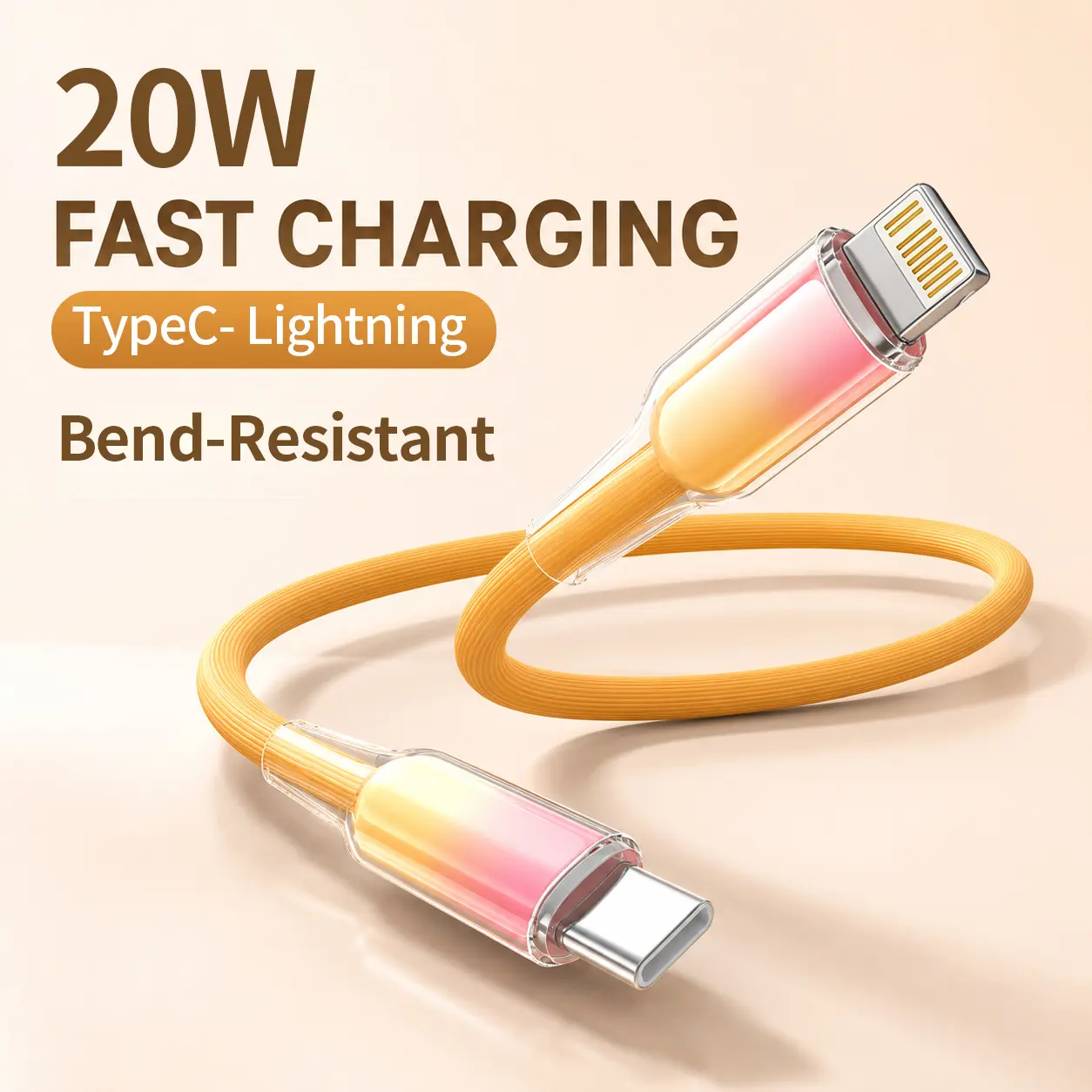 Kaxoe Transparent Gradient USB-C to Lightning Electronic Charger Cable - 20W Fast Charging, Bend-Proof, Data Transfer for iPhone 6-14 Plus Pro Max Smartphone, Cellphone, Mobile Devices