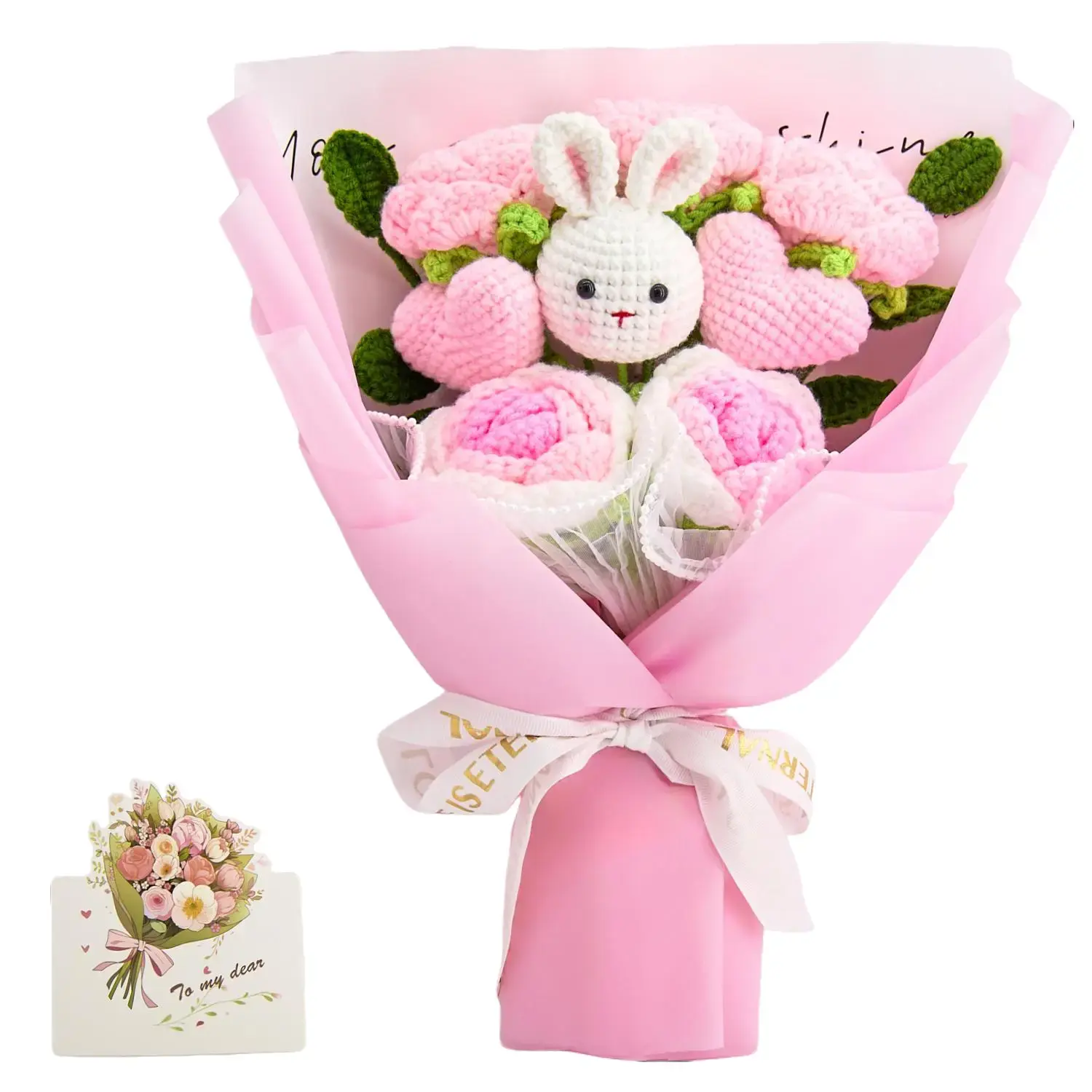 YShomy Handmade Crochet Flowers Bouquet Gift for Girlfriend Birthday Wedding Anniversary Just Because Graduation Gift with Cute Crochet Bunny Pink Flowers Forever Flowers for Her with Greeting Card US Fast Shipping Easter Inspired Home Decor