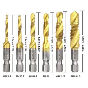 6 Pcs Metric Thread M3-M10 Screw Tapping Tool 1/4" Hex Shank Titanium Plated HSS Combination Drill and Tap Set