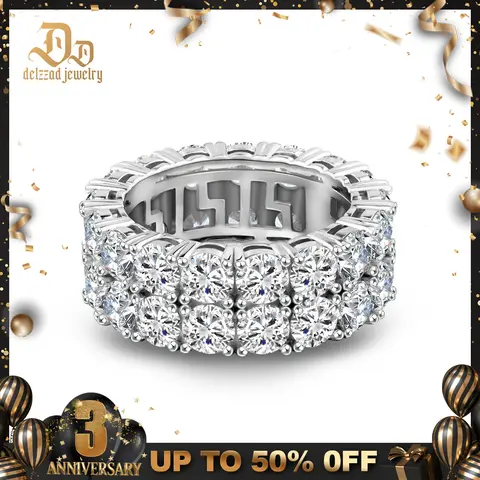 Delzzad Double Row Eternity Hip Hop Ring Band Round VVS Synthetic Moissanite Ring Band S925 Christmas Gift