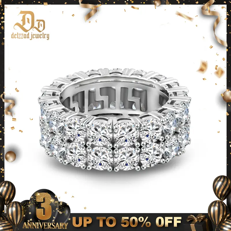 Delzzad Double Row Eternity Hip Hop Ring Band Round VVS Synthetic Moissanite Ring Band S925 Christmas Gift