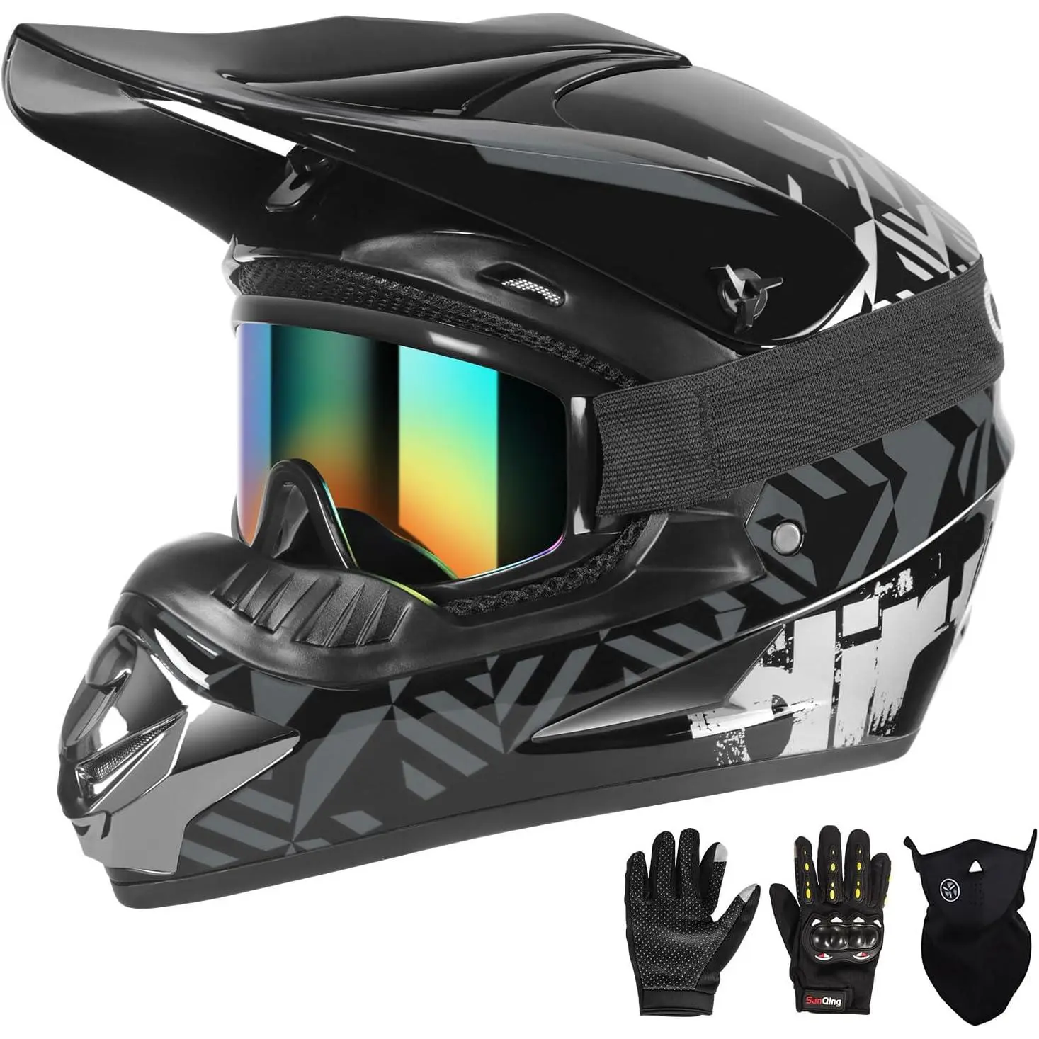 DOT Certified Youth Fit Multi-Size Children's Full Face Motocross Helmet Set with Spark Sun Visor, Lightweight Breathable ABS Shell, Quick Release Buckle, Gloves, Goggles, Mask (4Pcs) for Motocross Riding, BMX ATV Off-Road E-Bike Gear