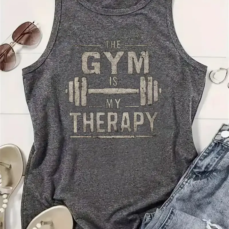"The Gym Is My Therapy" Dumbbell Graphic Tank Top