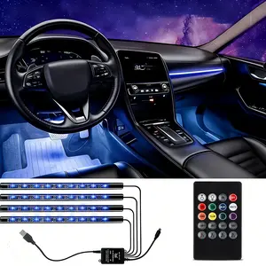 Colorful LED car lights — multicolor music ambient light strip set for interior decoration; 48-light multicolor music interior accessory under-dash lighting kit; includes sound control and wireless remote; USB powered