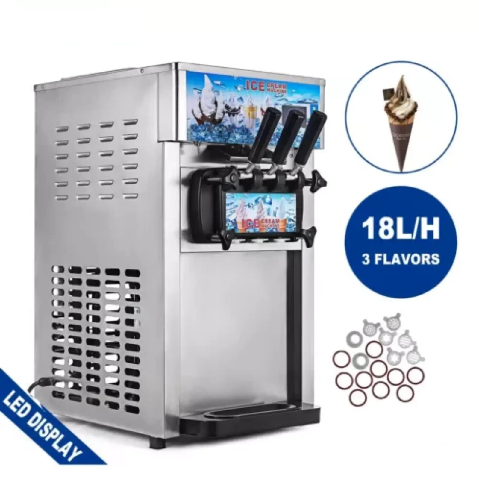 1200W Commercial Ice Cream Machine 18L/H Countertop Soft Serve Maker 3L Hoppers 3 Flavors LED Display R410a Refrigerant