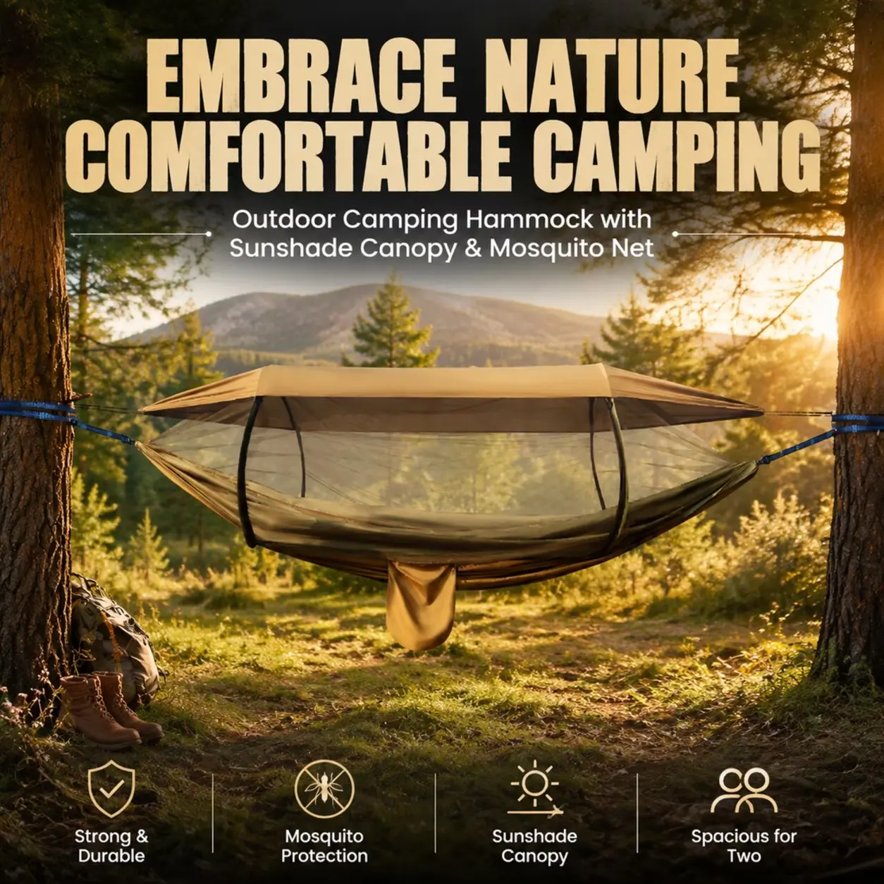 Automatic Quick Setup Mosquito Net Hammock, 3-in-1 Double Nylon Camping Hammock with Support Poles, 350KG Capacity Lightweight Portable for Outdoor Trave
