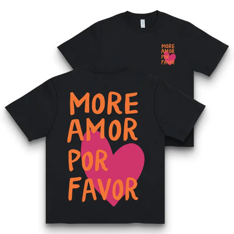 Women's Cotton Short-Sleeve Round Neck Fashion T-Shirt - Fabric, 'MORE AMOR POR FAVOR' Heart Double-Sided Print, Romantic Spanish Style Casual Love Top