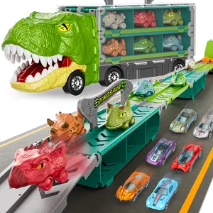 Dinosaur Truck Toys Princess car Unicorn car for Birthday Gift Idea, 2 Player Race Mode, transport carrier truck toddler Toys for Kids, 63 Inch Foldable Race Tyrannosaurus Track with 6 Dino Cars & 6 Die-cast Cars Durable Safety, kids christmas gifts
