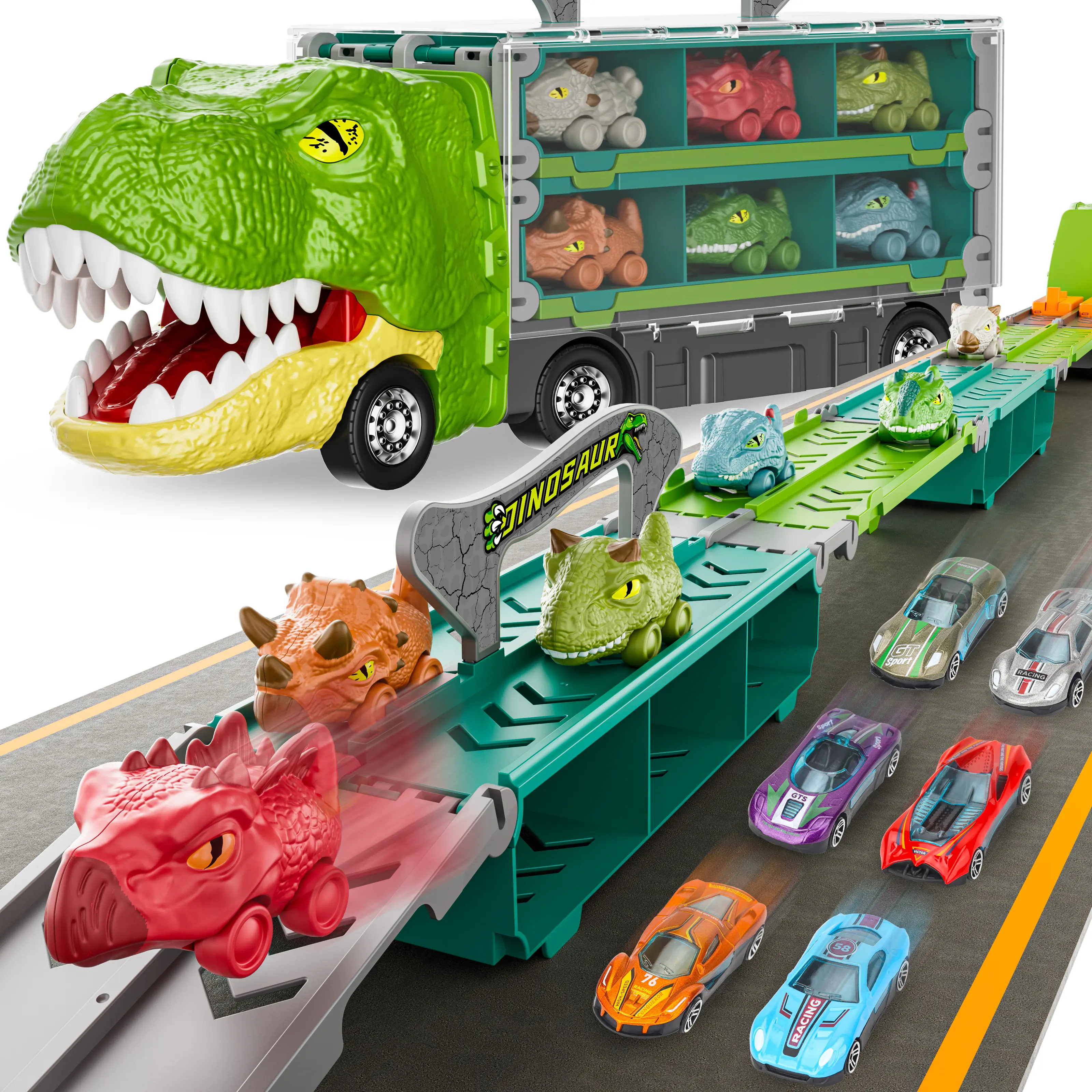 Dinosaur Truck Toys Princess car Unicorn car for Birthday Gift Idea, 2 Player Race Mode, transport carrier truck toddler Toys for Kids, 63 Inch Foldable Race Tyrannosaurus Track with 6 Dino Cars & 6 Die-cast Cars Durable Safety, kids christmas gifts Dirt