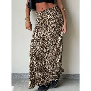 Women's Stylish Low-Rise Leopard Print Maxi Skirt with Bow Detail - High-Waisted, Womenswear Bottom Casual Comfort
